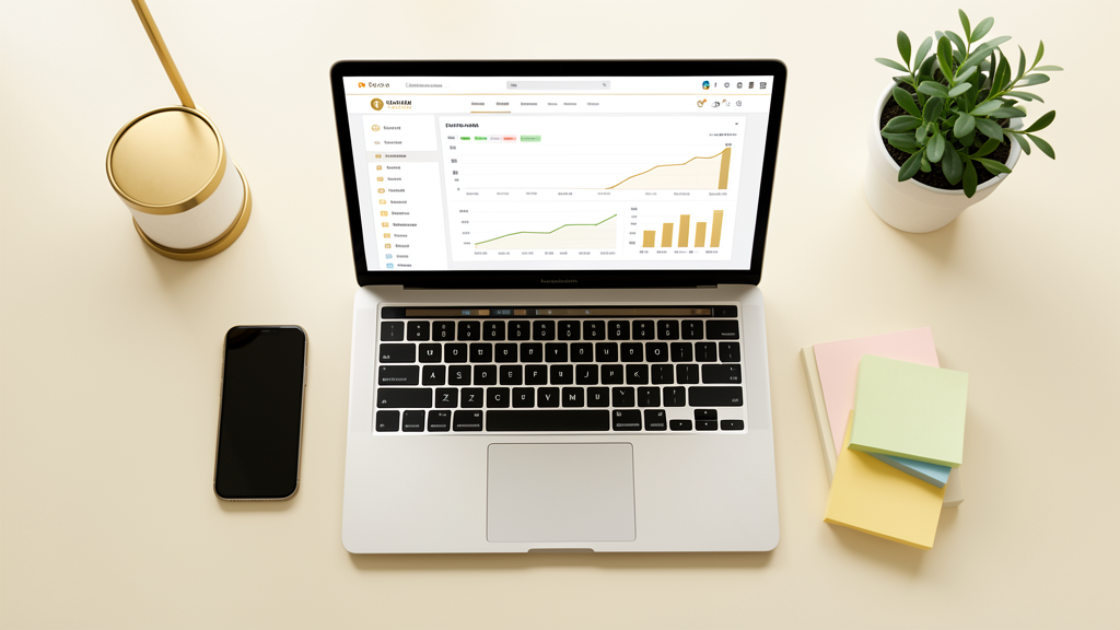 Mesa de trabalho organizada com laptop mostrando dashboard e smartphone alinhado