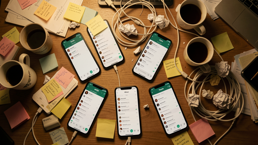 Mesma de trabalho caótica com vários celulares e papéis soltos
