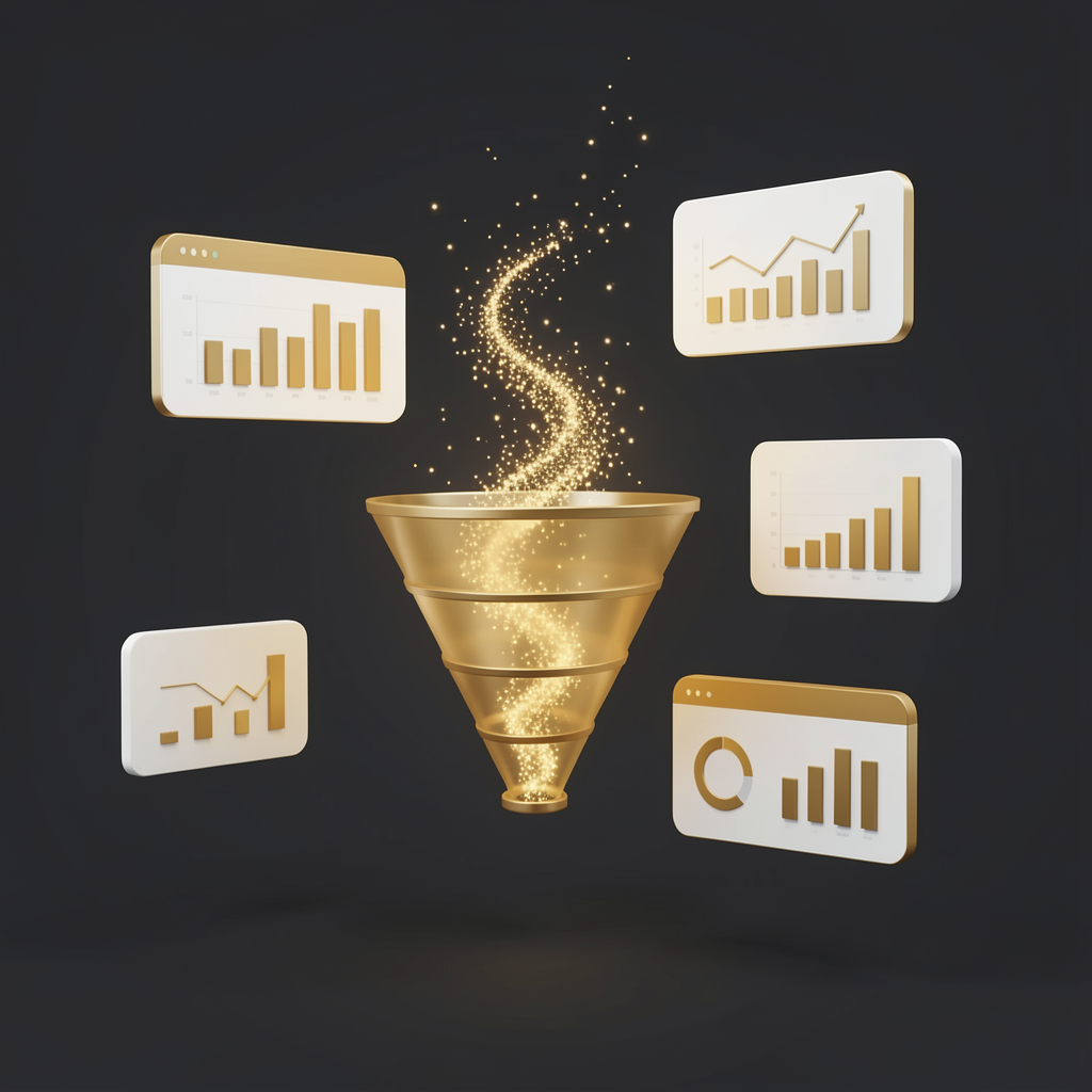 Ilustração de dashboard com cards de analytics e pipeline em dourado flutuando