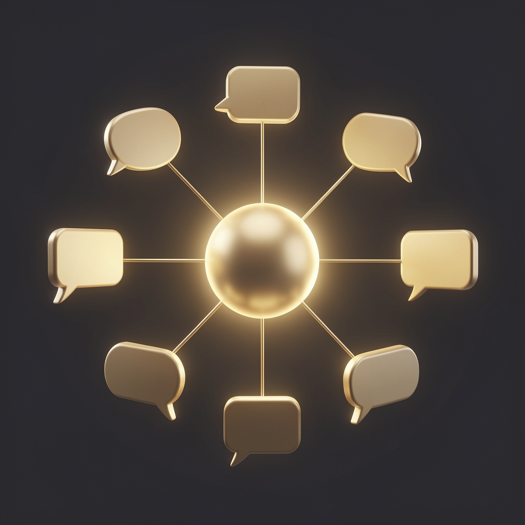 Ilustração de IA assistente com orbe dourado central conectado a balões de chat