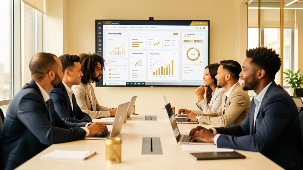 Equipe de vendas trabalhando junta em escritório moderno olando para dashboard